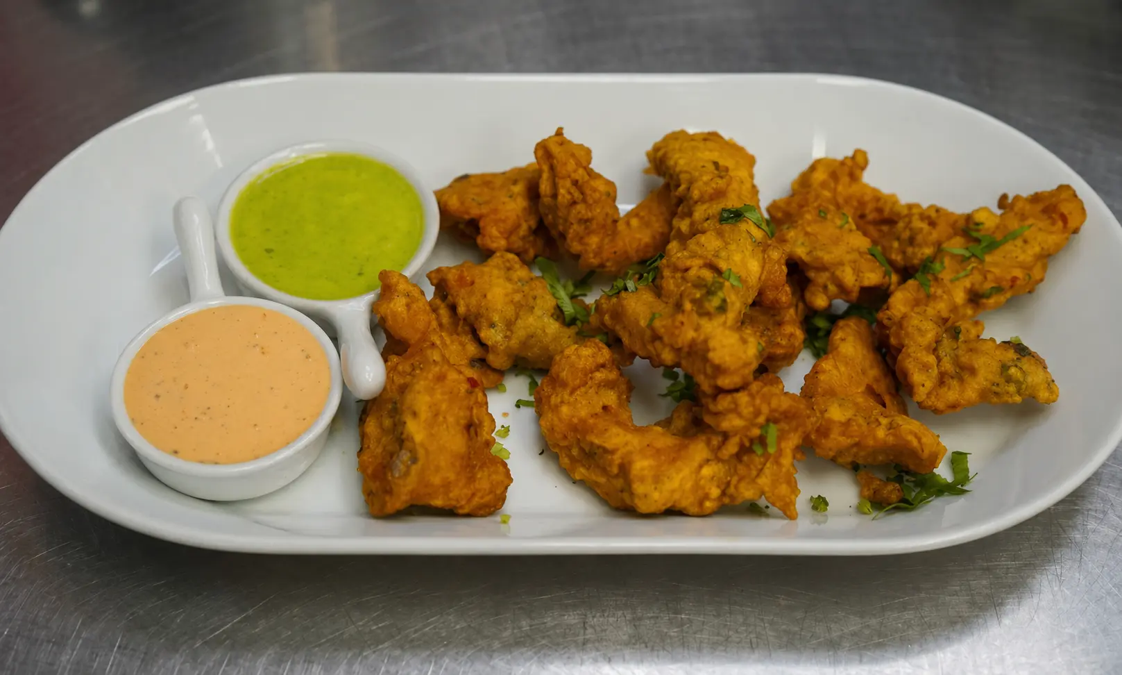 Vegetarian and chicken pakora starters at The Social Kabob Indian restaurant Okotoks